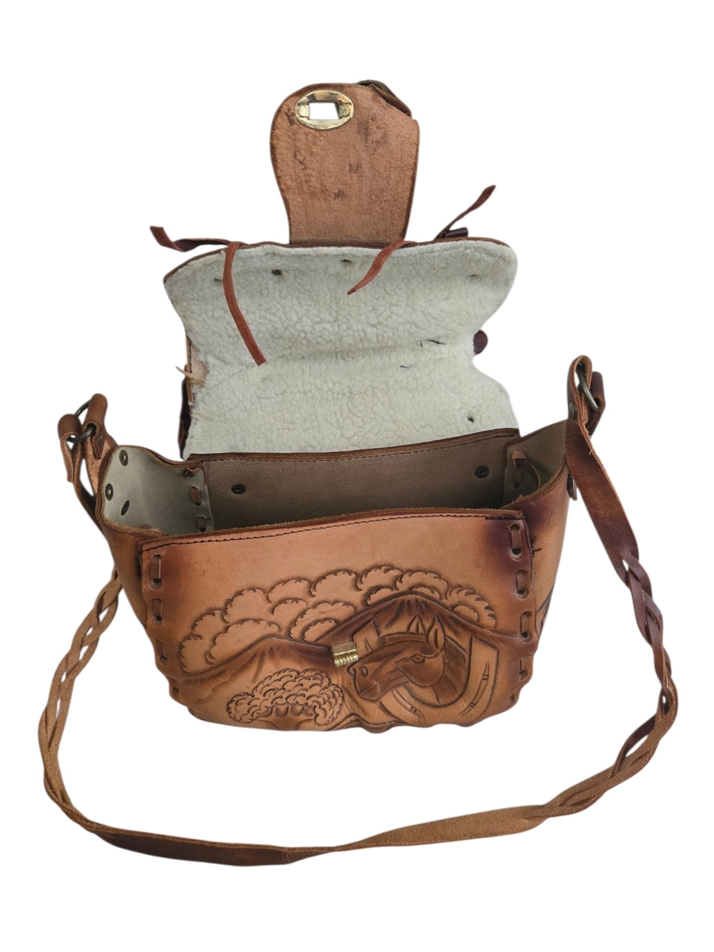 Hand-Tooled Leather Crossbody Bag in Tan and Burgundy - Picture 3 of 4